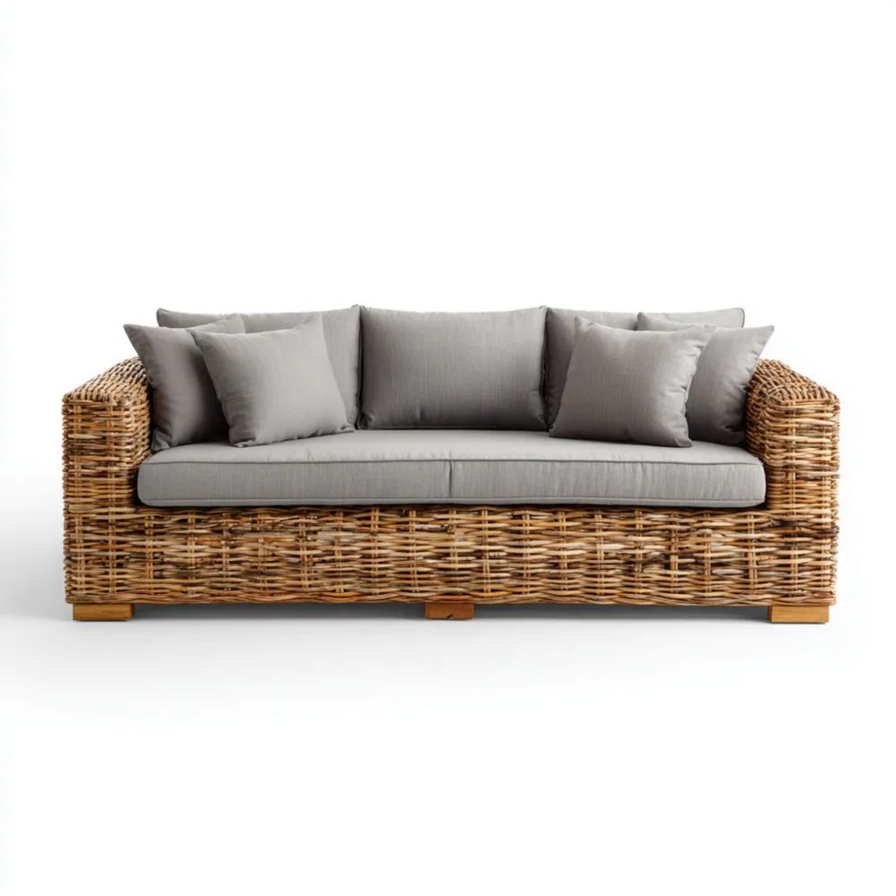 Divano a tre posti in rattan 200x90x85 cm - Cuscini Grigi - Design moderno