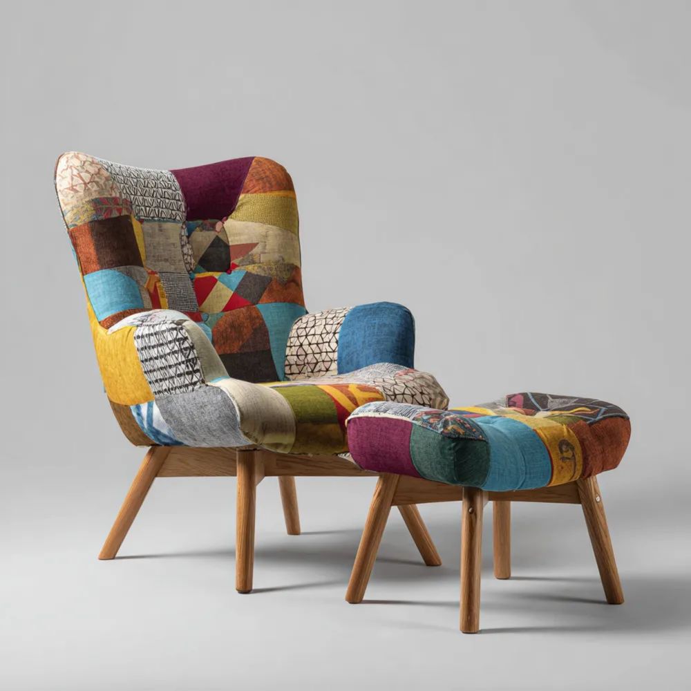 Poltrona relax in tessuto patchwork 75x85x100 cm con poggiapiedi 50x35x42 cm – Design moderno