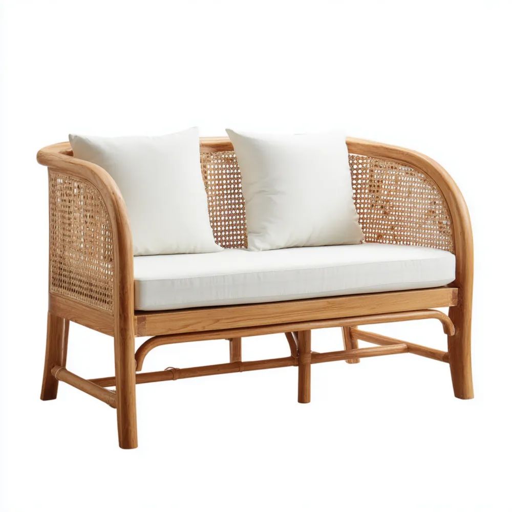 Divano a due posti in rattan 120x70x80 cm con cuscini Bianchi - Design Naturale