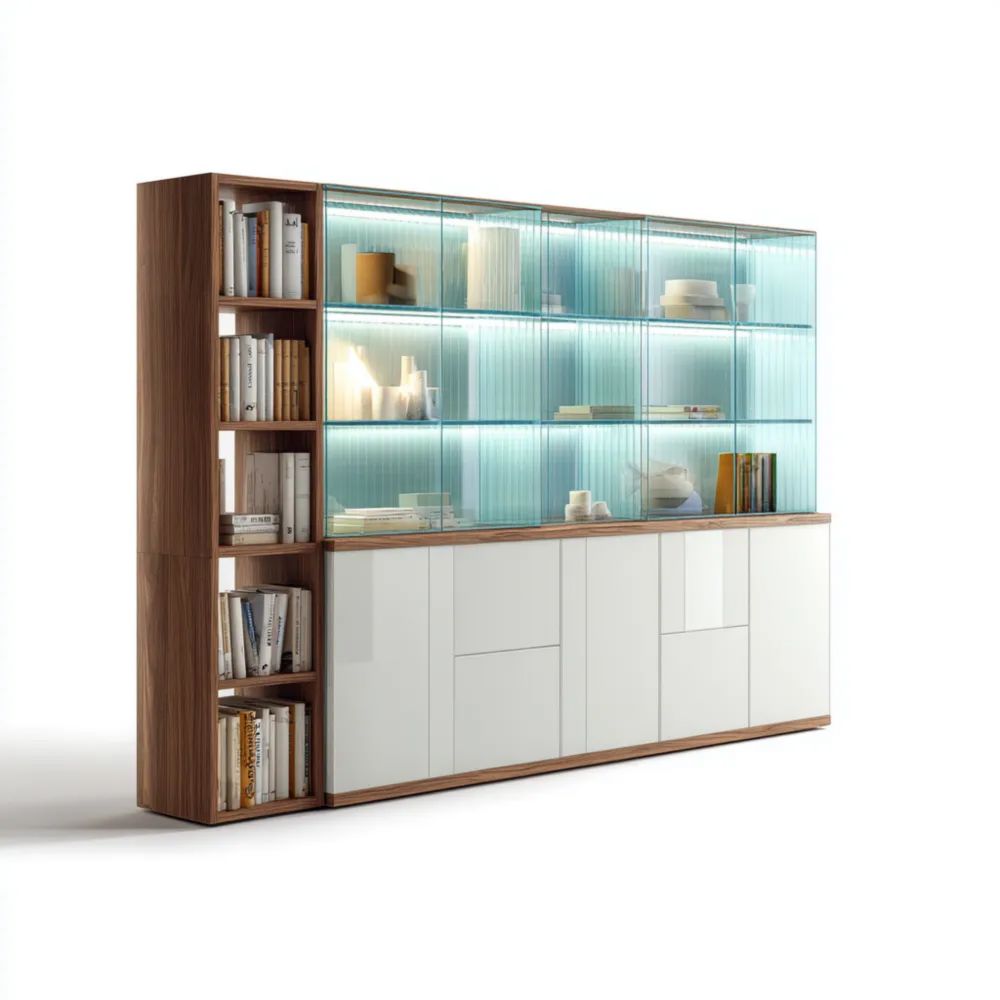 Libreria Moderna in Legno e Vetro 200x40x220 cm – Bianco/Naturale