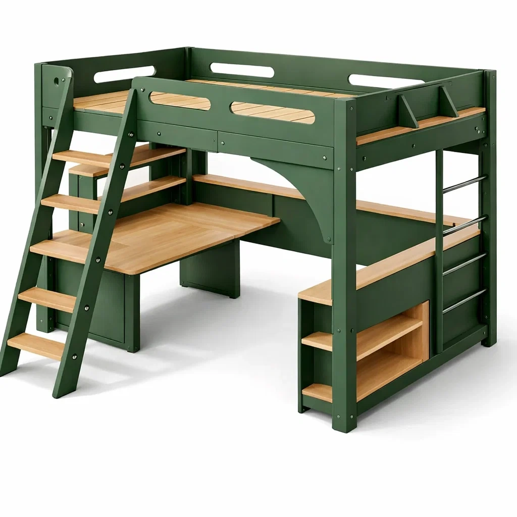Letto a soppalco per bambini in metallo e mdf verde con scrivania-puredreamhaven