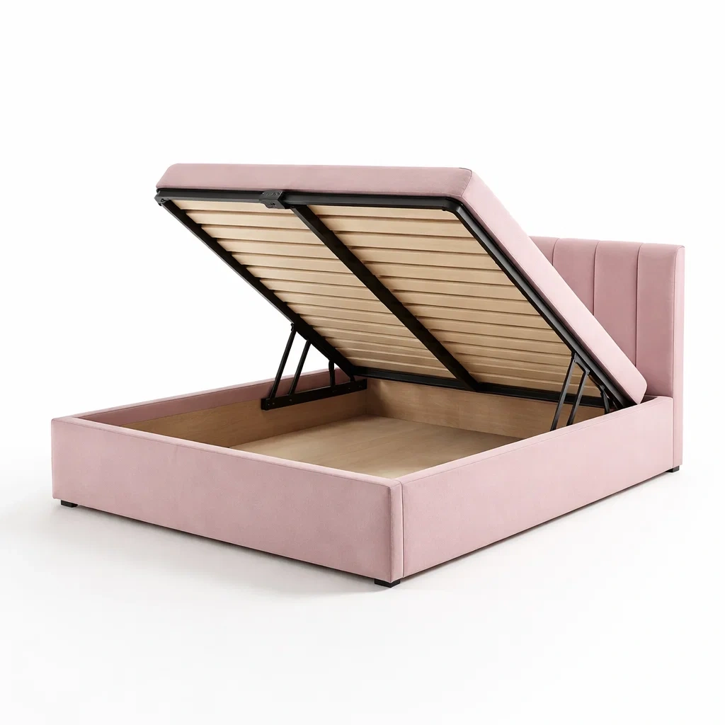 Letto contenitore matrimoniale in metallo e legno con rivestimento rosa 160x200 cm-puredreamhaven