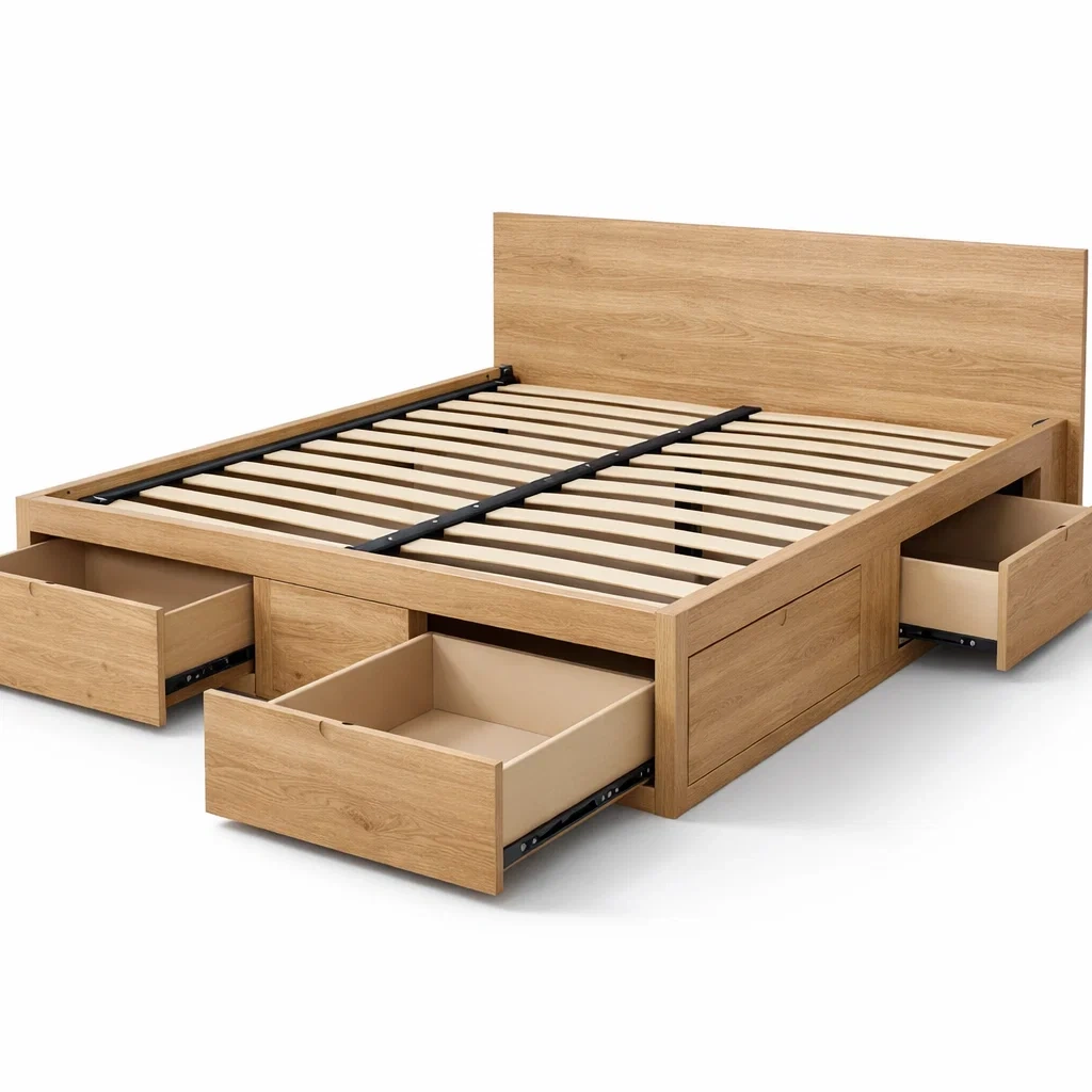 Letto matrimoniale in legno di quercia con 4 cassetti 200x160 cm-puredreamhaven