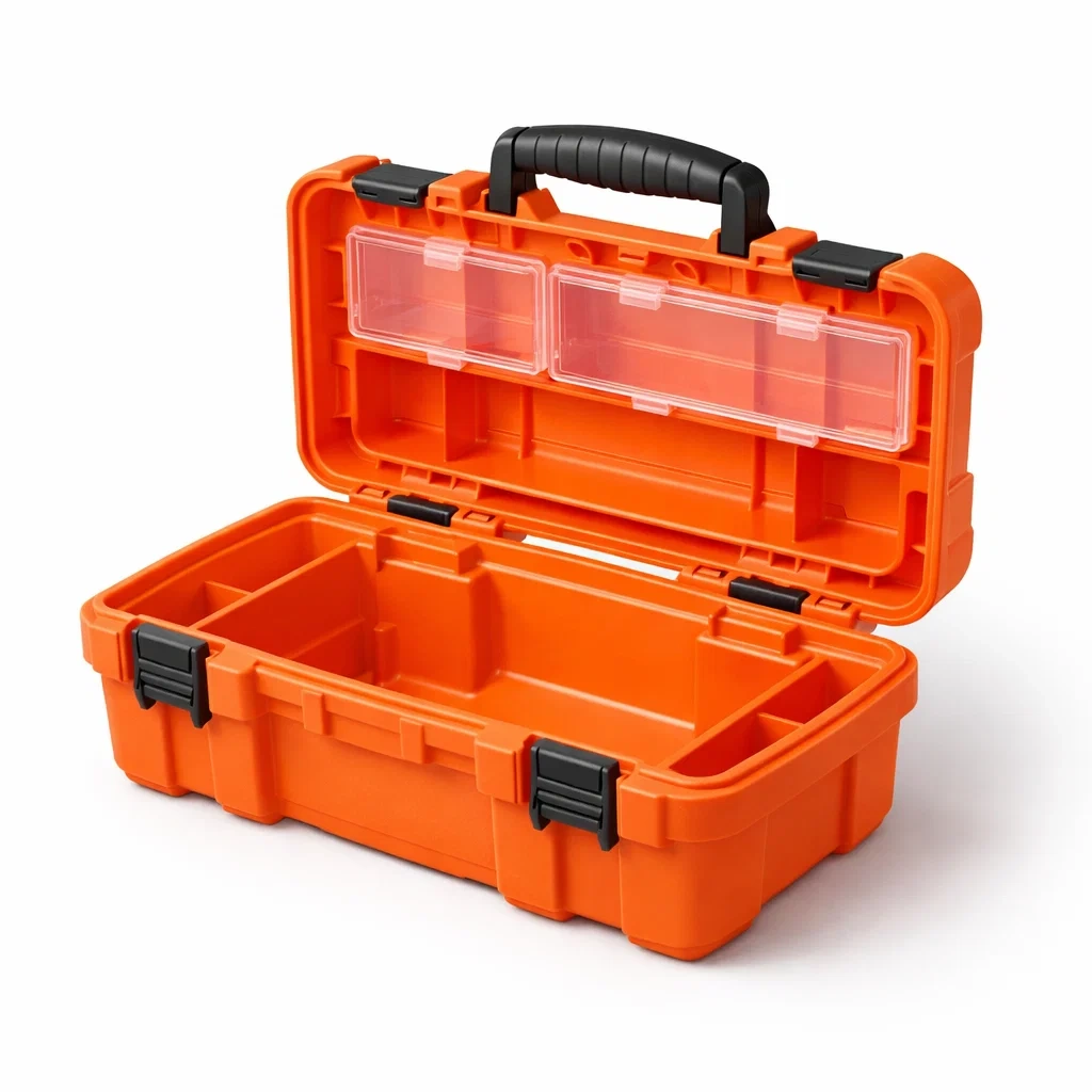 Cassetta degli attrezzi in plastica arancione con scomparti-puredreamhaven