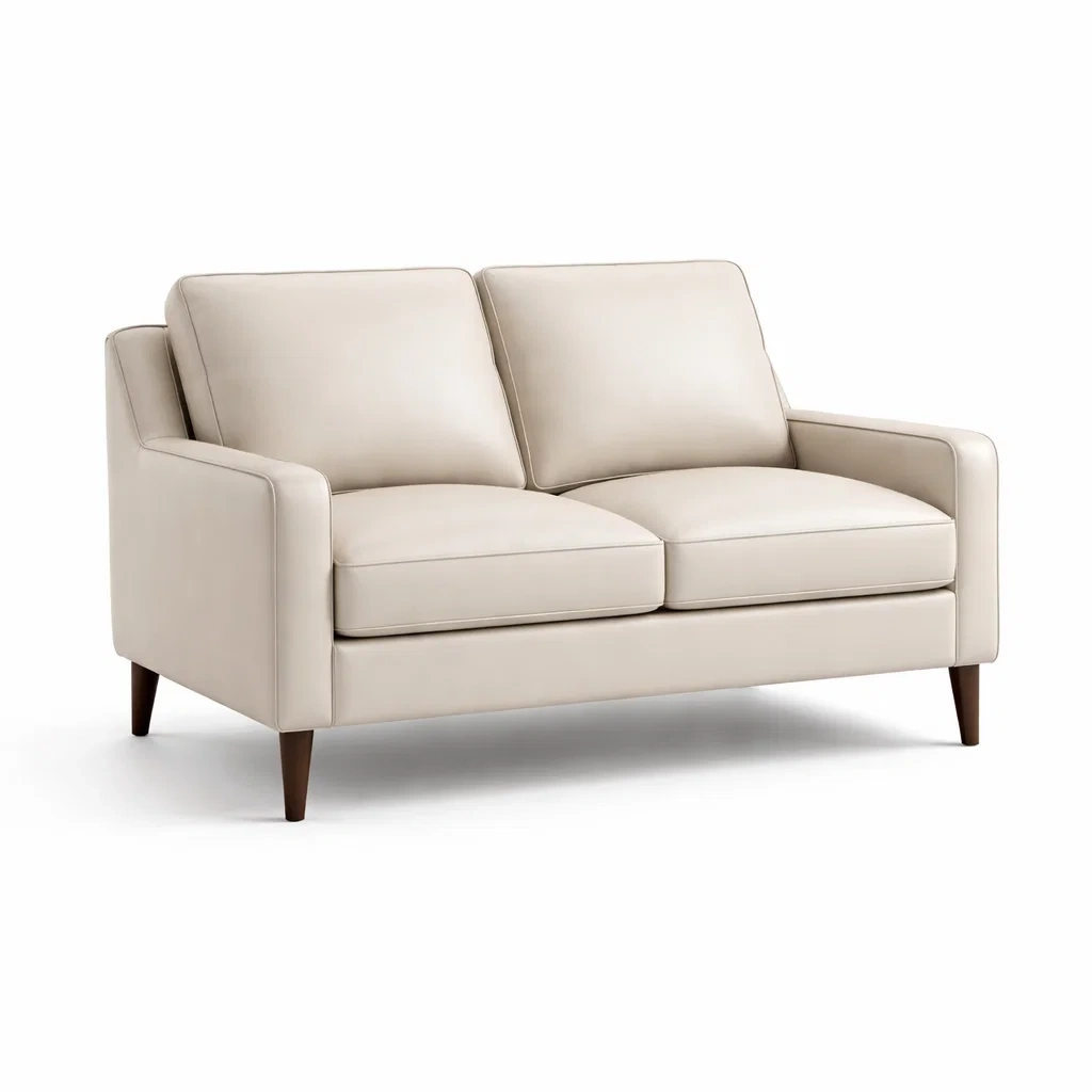 Divano due posti in pelle sintetica beige con struttura in legno-puredreamhaven