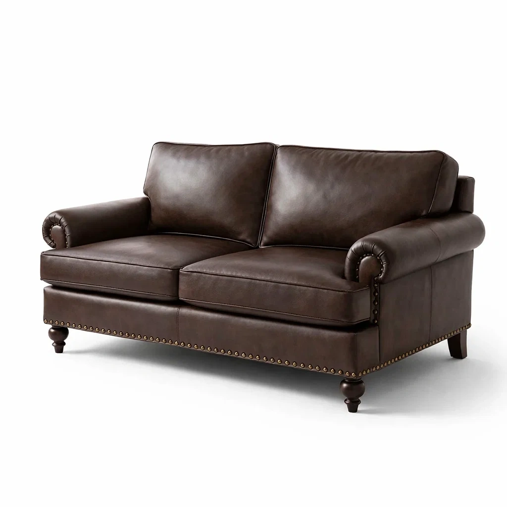 Divano in pelle pu marrone con struttura in legno-puredreamhaven