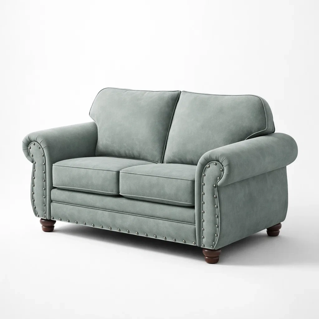 Divano in microfibra verde con braccioli arrotondati-puredreamhaven