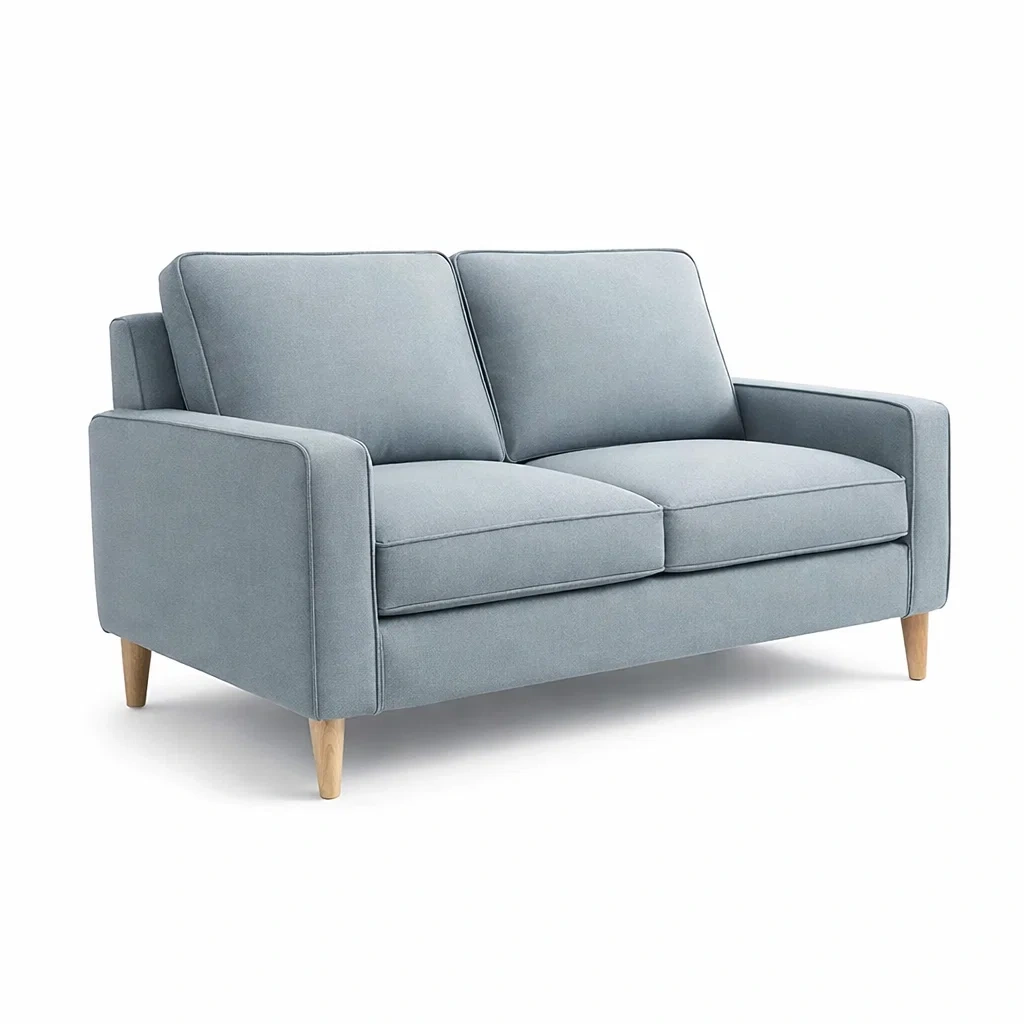 Divano due posti tessuto policotone blu grigio gambe legno massello-puredreamhaven