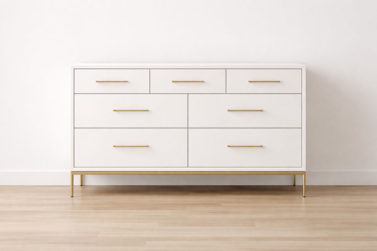 Commode 7 tiroirs MDF blanc pieds acier dorés-homarivo