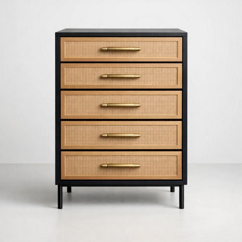 Commode à cinq tiroirs en métal et rotin 90x60x40 cm-homarivo