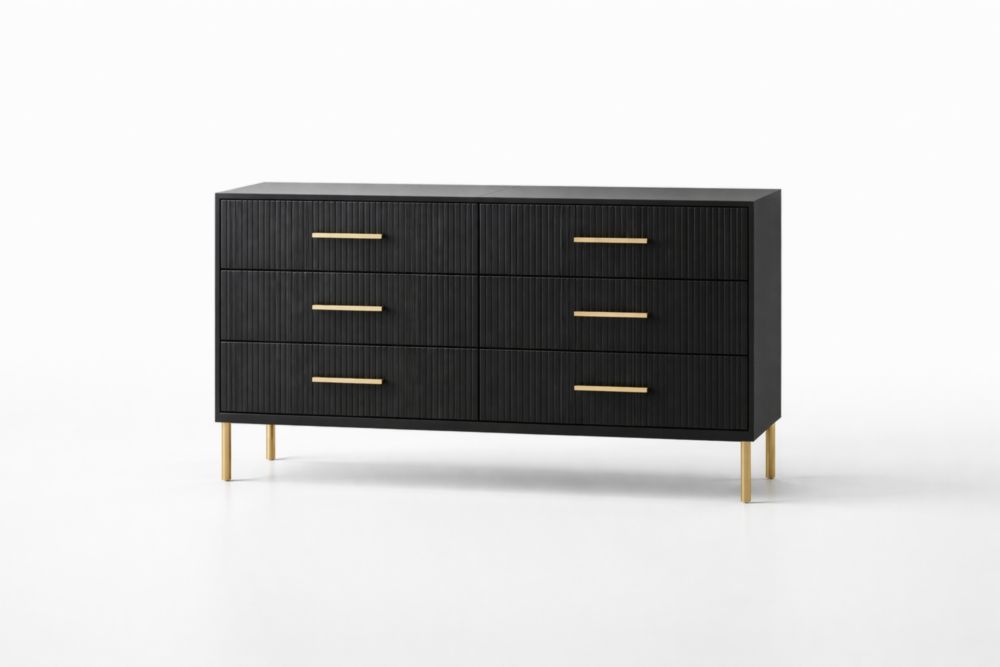 Commode en bois noir et métal doré avec 6 tiroirs-homarivo