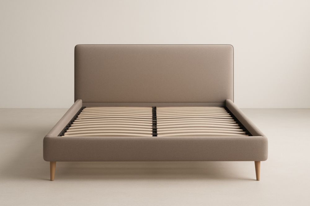 Lit double en tissu polyester beige avec sommier à lattes-homarivo