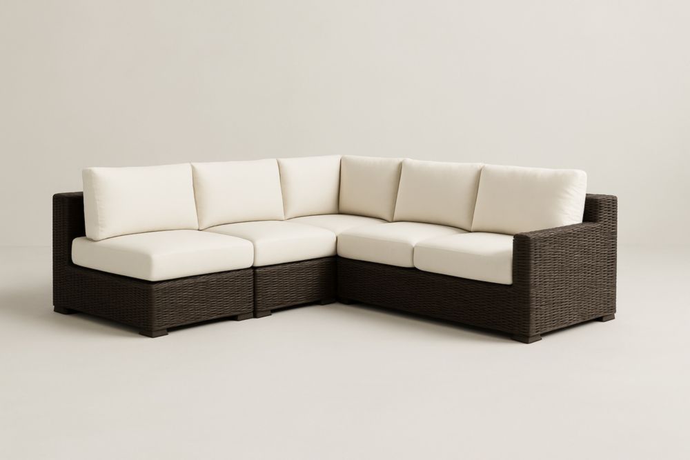 Canapé d'angle extérieur en résine tressée avec coussins écrus-stylonesto