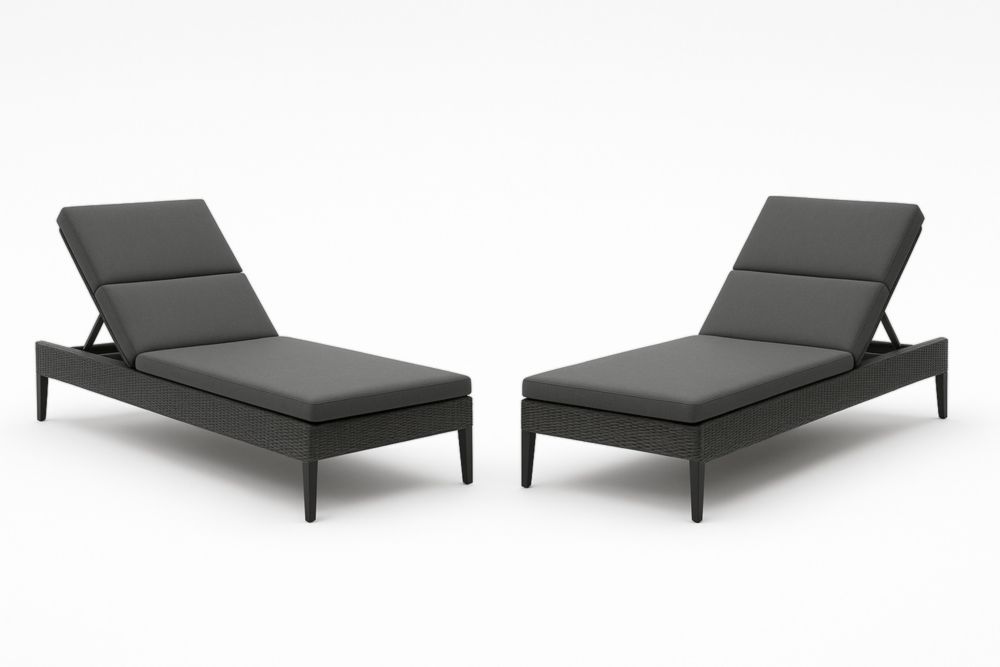 Ensemble de deux chaises longues en rotin tissé noir avec coussins gris-stylonesto