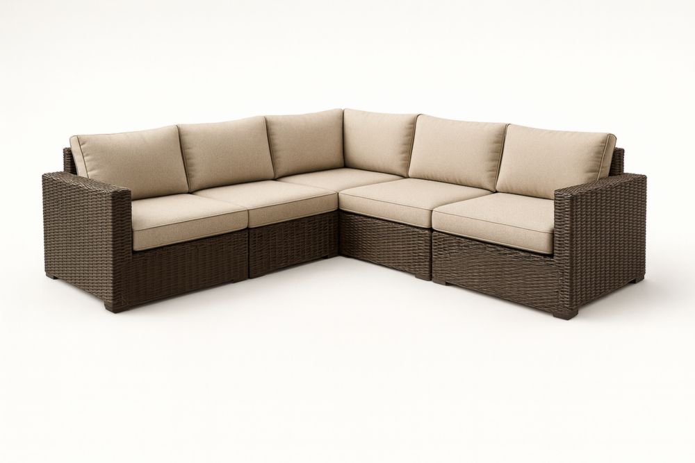 Canapé d'angle modulable en résine tressée avec coussins beiges-stylonesto