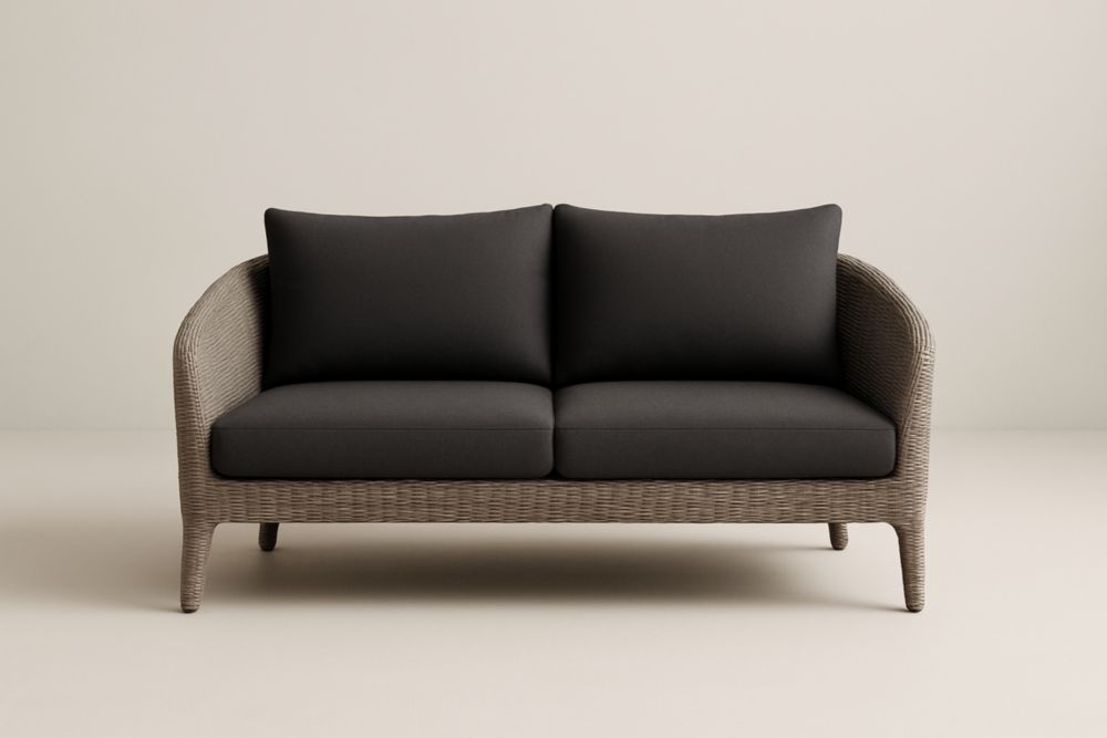 Canapé d'extérieur 2 places en rotin synthétique avec coussins en tissu noir-stylonesto