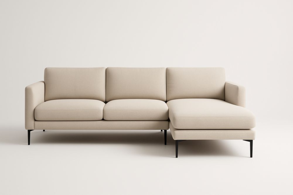 Canapé d'angle en tissu polyester beige pieds acier longueur 280cm