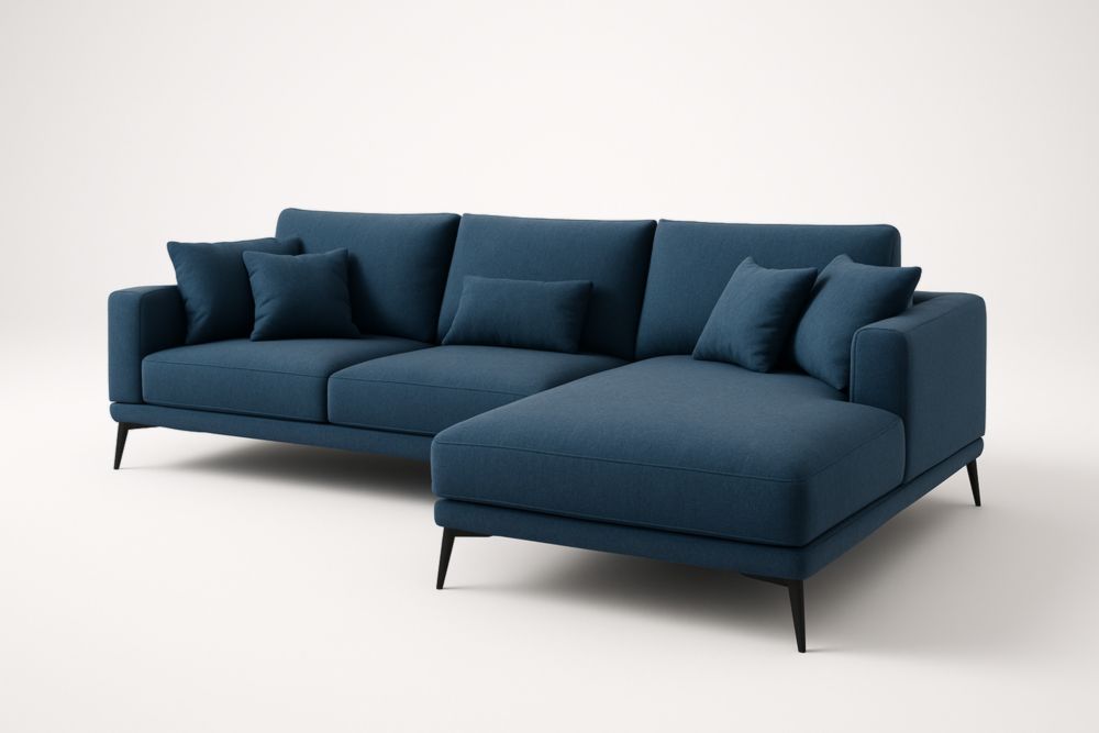 Canapé d'angle 3 places en tissu polyester bleu avec pieds en acier