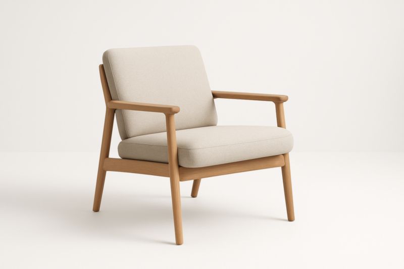 Fauteuil en hévéa massif avec tissu polyester beige et rembourrage en mousse – 75×75×80 cm
