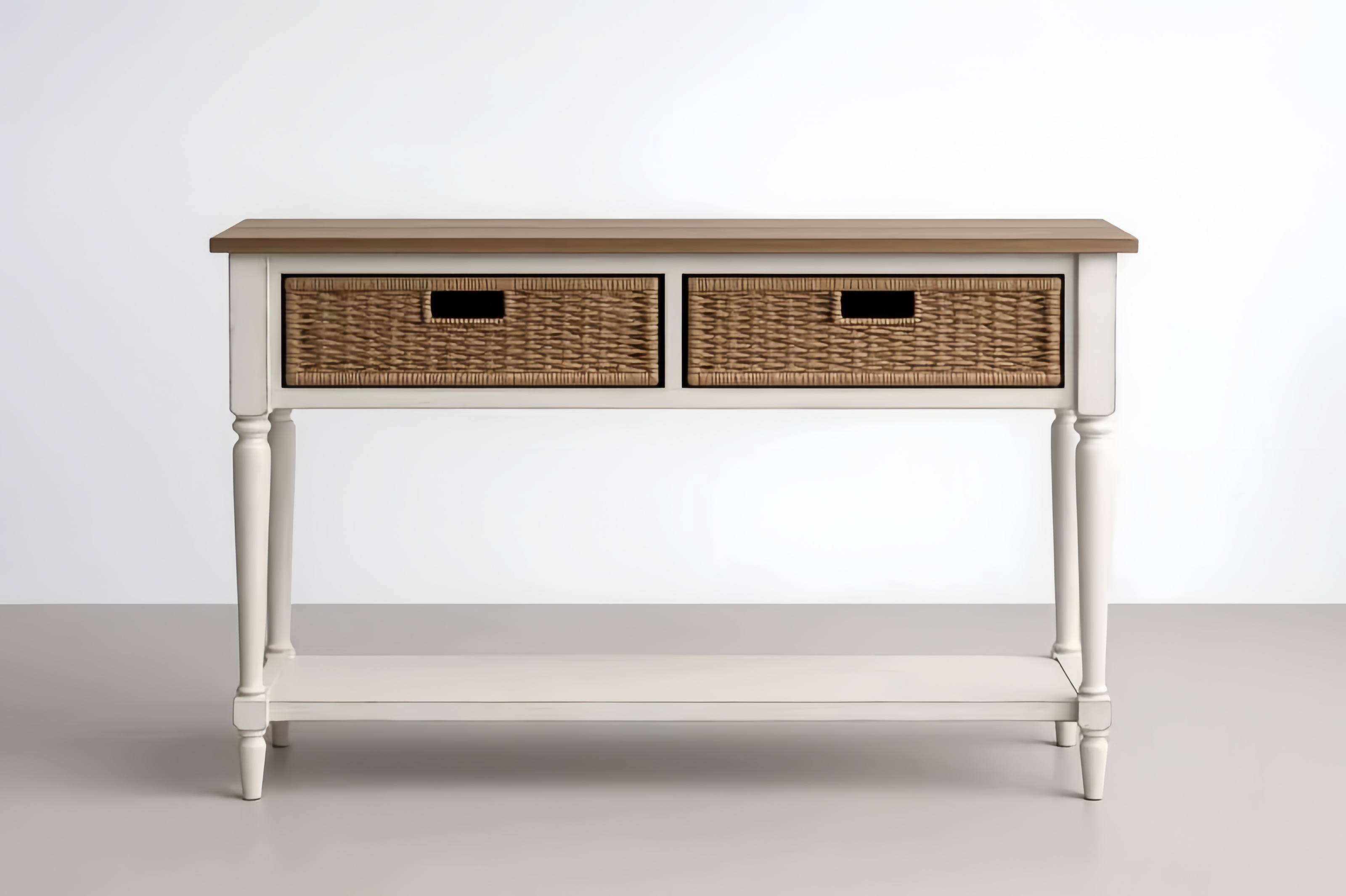 Console en Bois avec Tiroirs en Osier Blanc et Marron