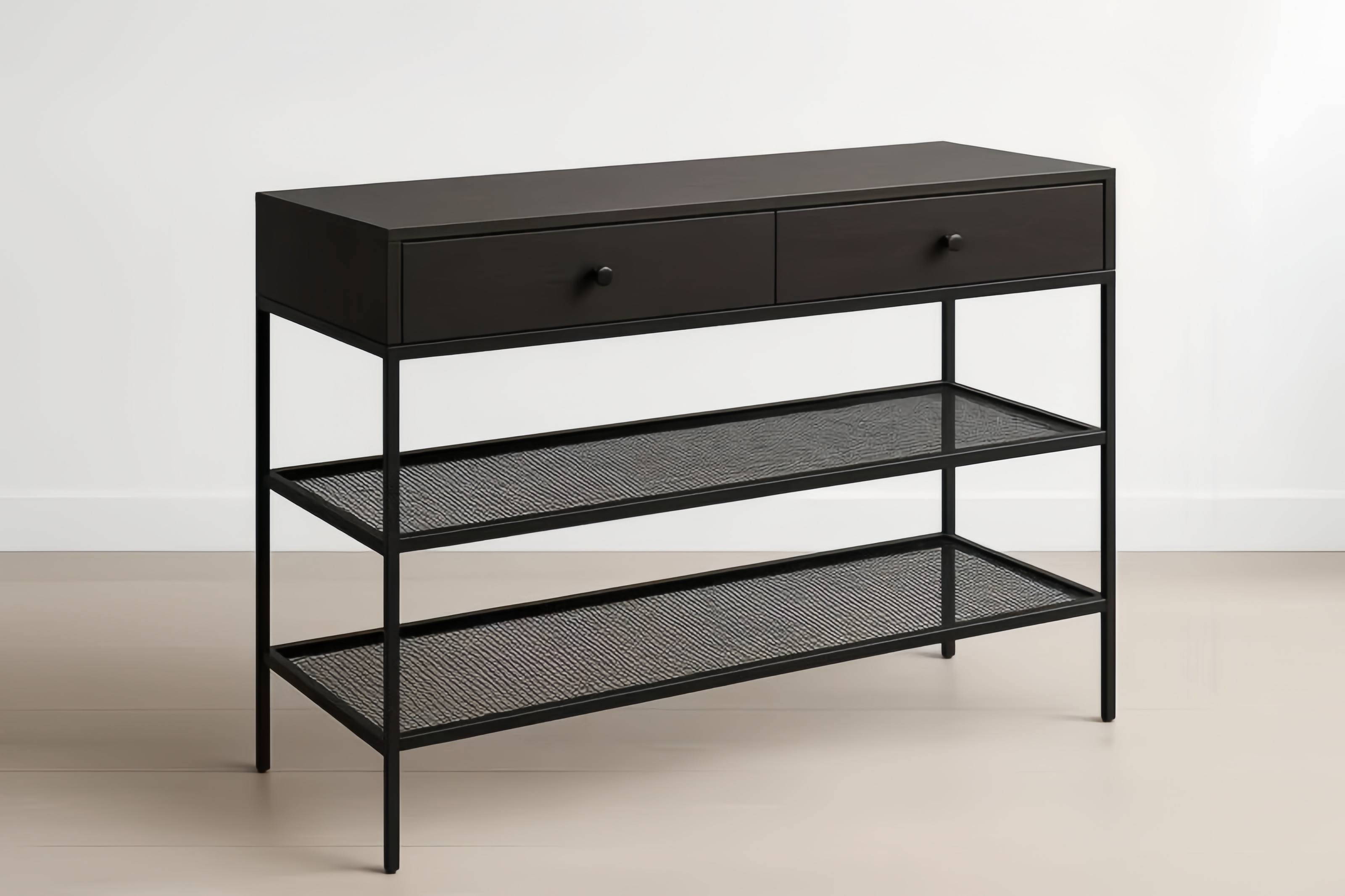 Console en Bois et Métal Noir avec Tiroirs et Étagères