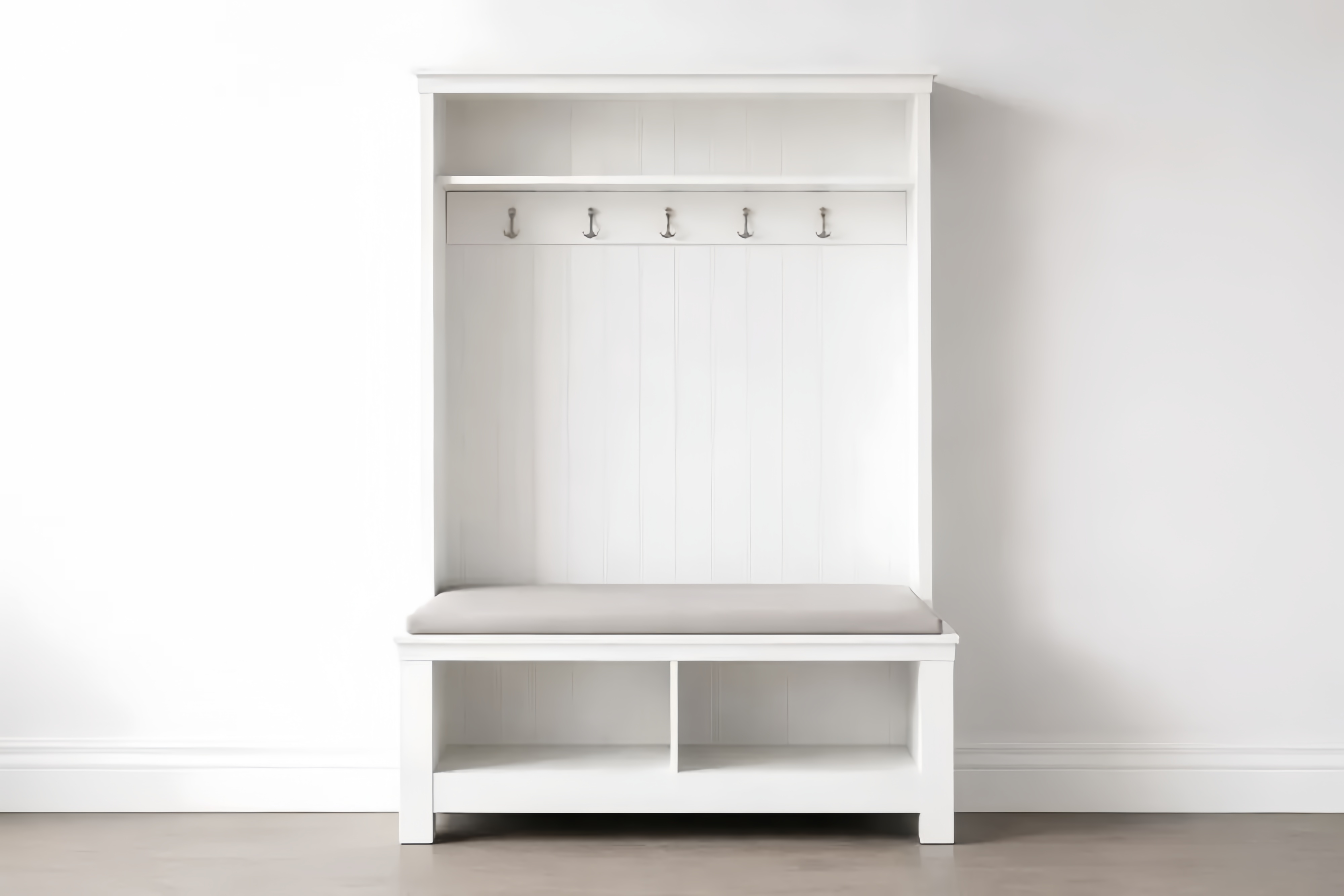 Porte-manteau en bois MDF blanc avec crochets et coussin