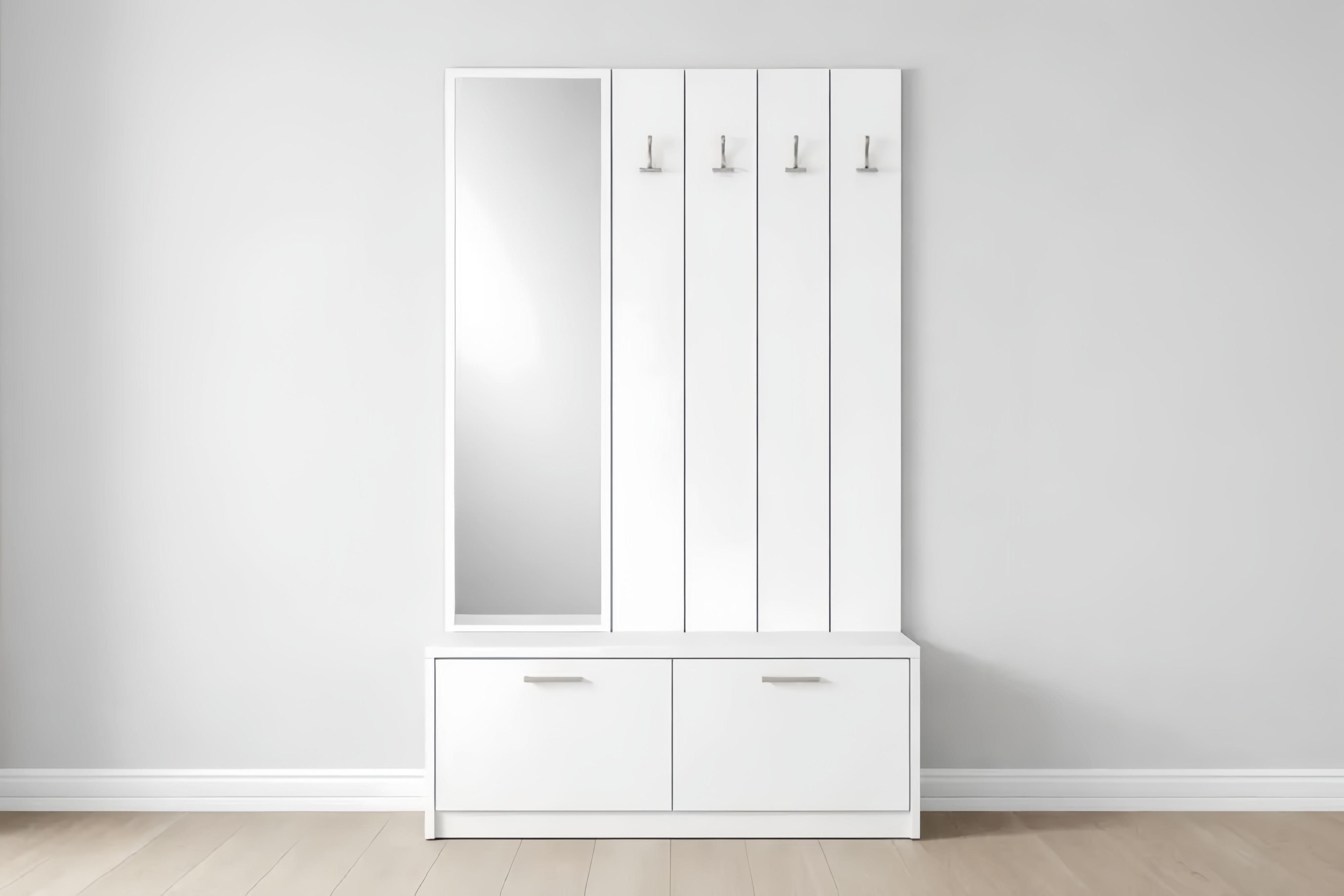 Porte-manteau mural blanc avec miroir et rangements 180x90x35 cm