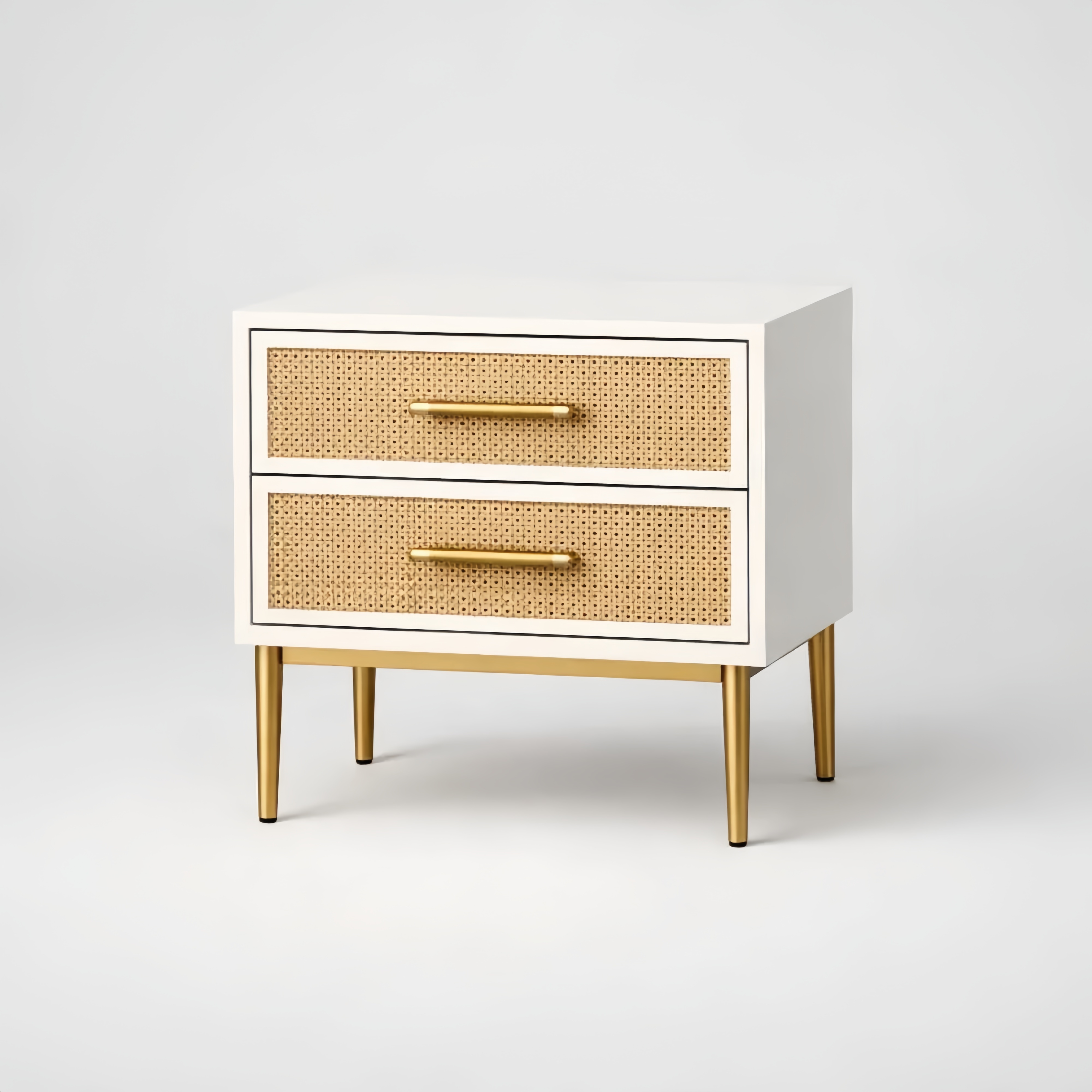 Table de chevet 2 tiroirs MDF rotin et métal Blanc Beige Or