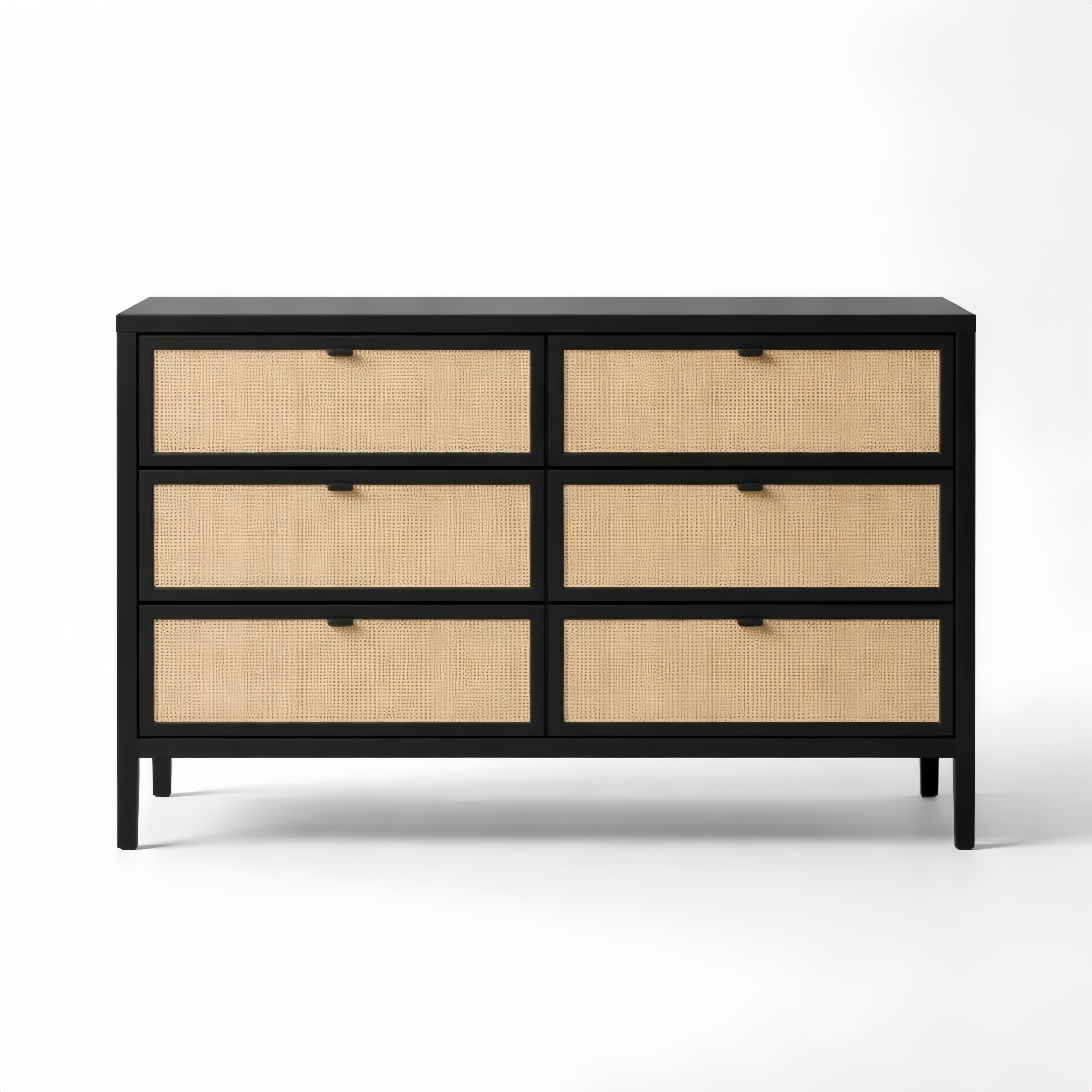 Caisson à six tiroirs noir en rotin tressé