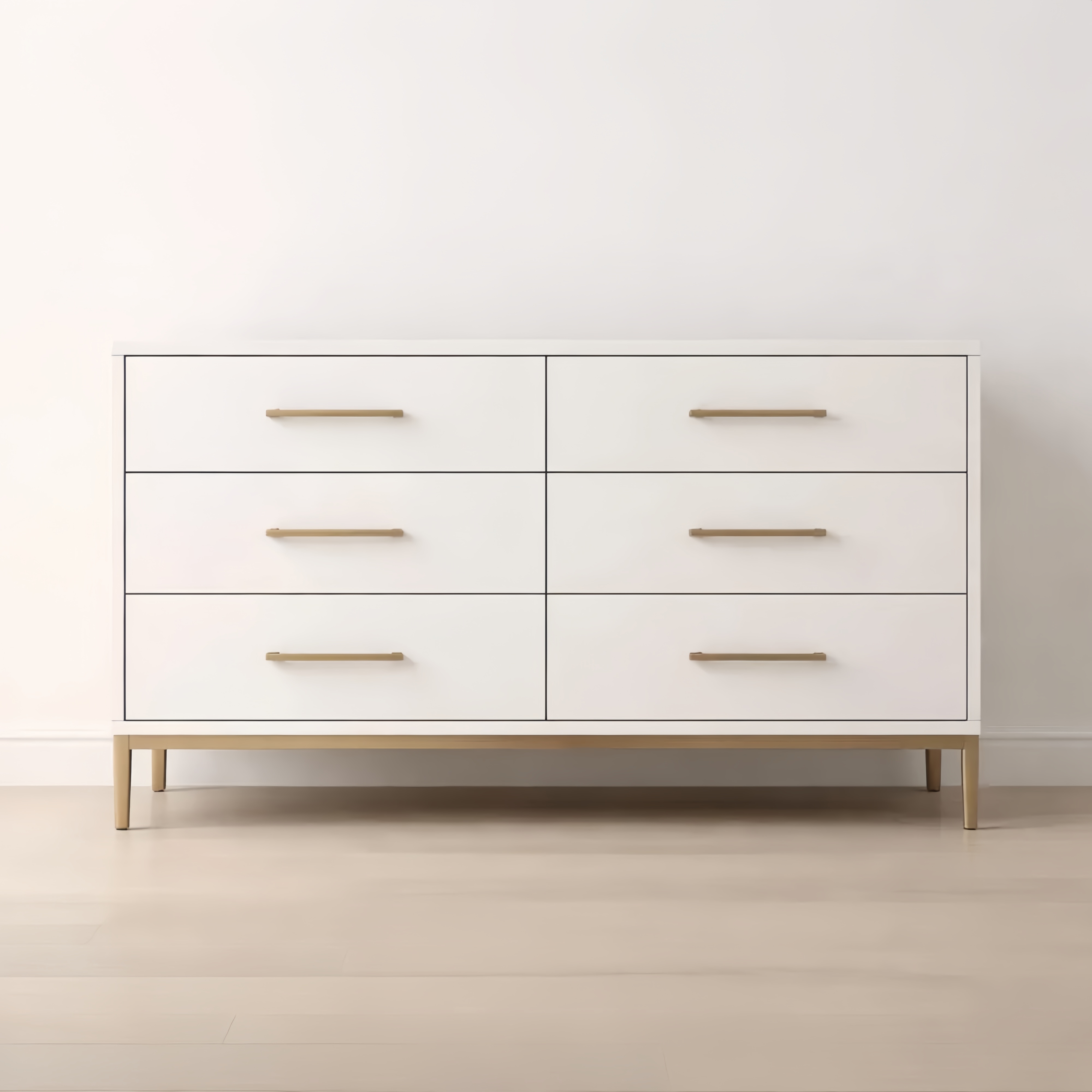 Commode blanche en MDF avec 6 tiroirs et poignées en métal