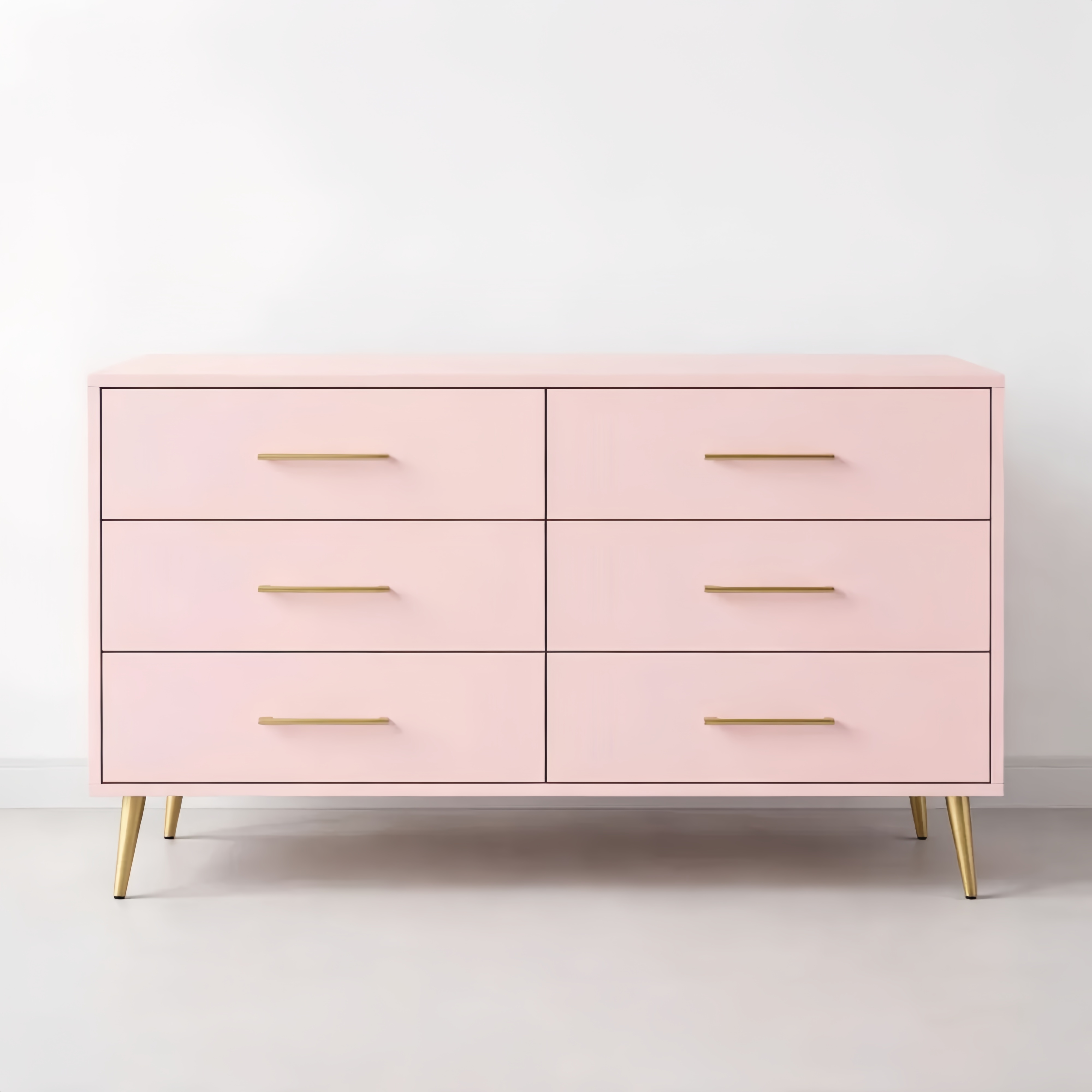 Commode en Bois à 6 Tiroirs Rose avec Poignées et Pieds Dorés