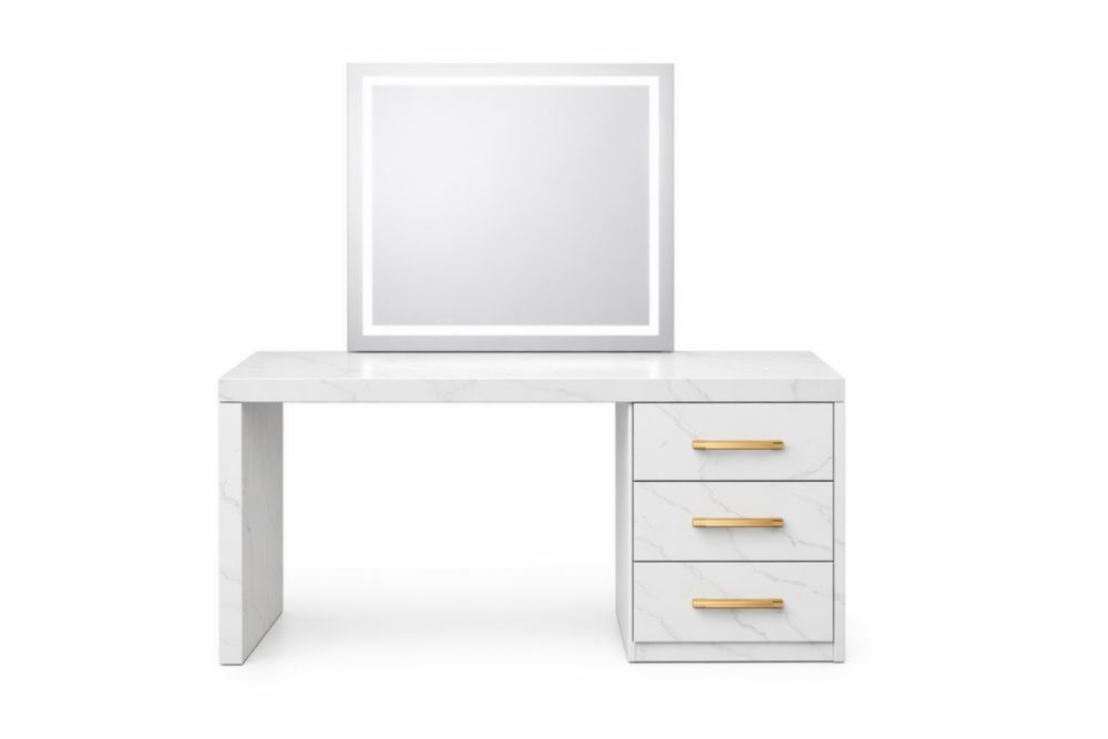 Coiffeuse en bois imitation marbre avec miroir et tiroirs dorés 140x50x75 cm