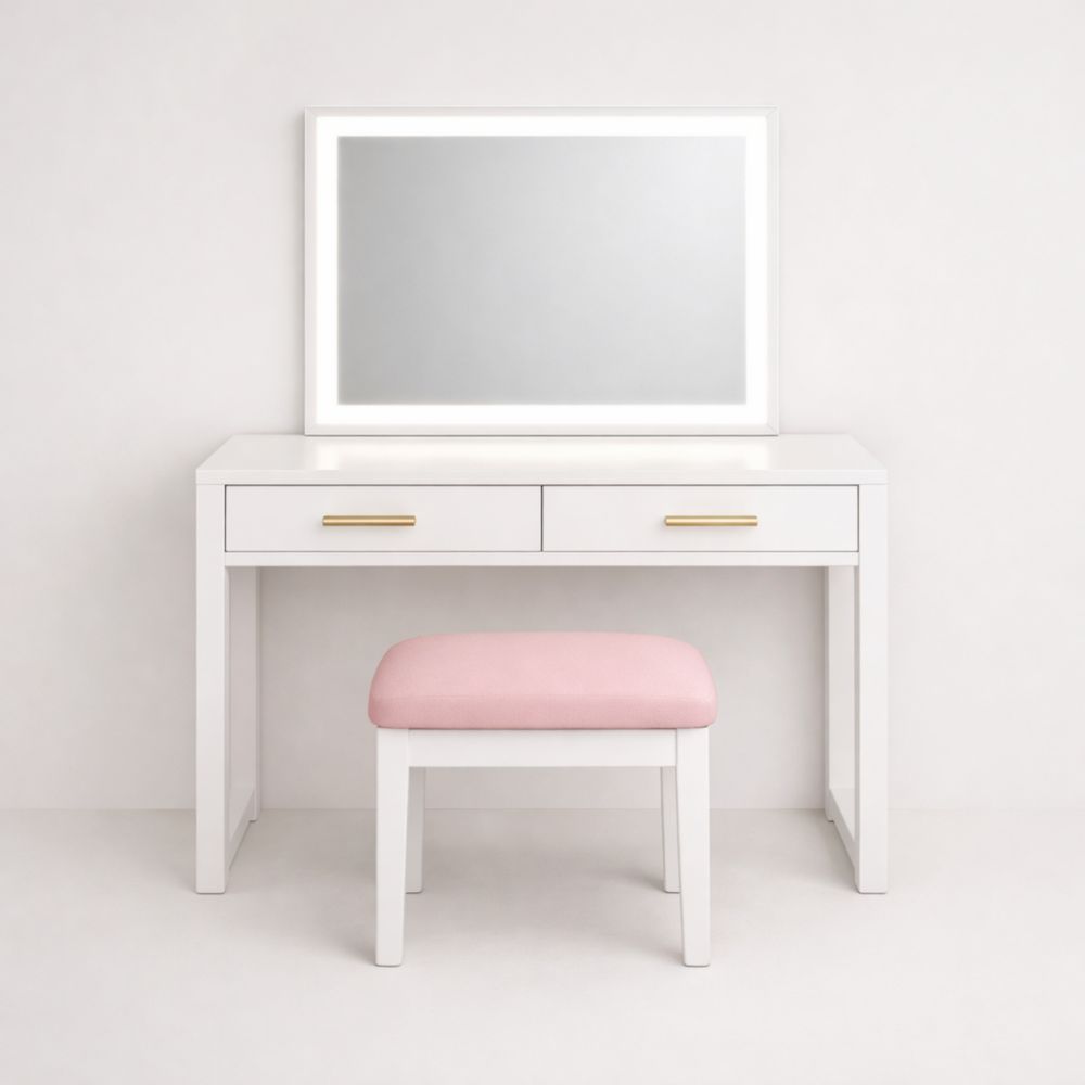 Coiffeuse en Bois avec Miroir Éclairé et Tabouret Rose