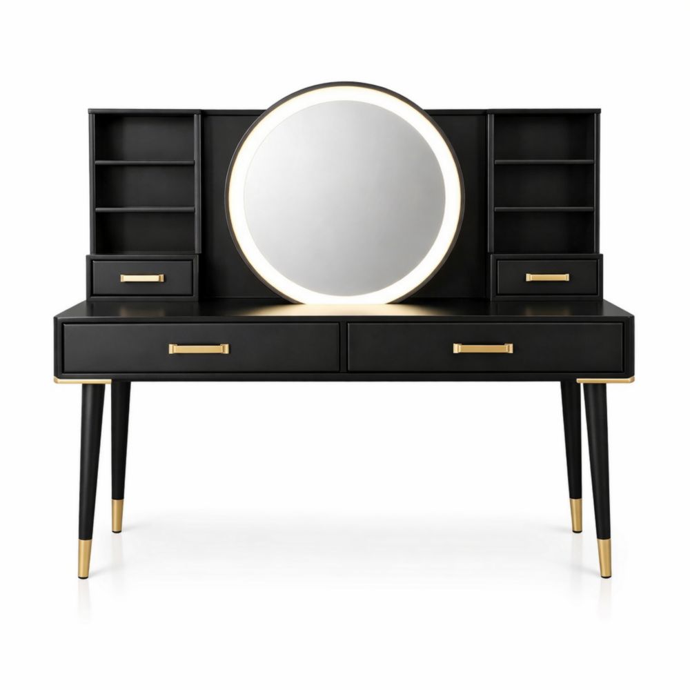 Coiffeuse en Bois et Métal Noir avec Miroir LED Rond Doré
