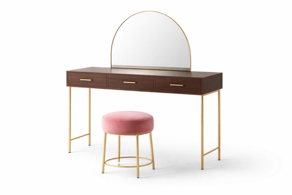 Coiffeuse en Bois et Métal avec Tabouret en Velours Rose