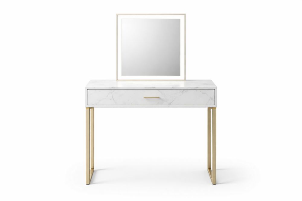 Coiffeuse marbre blanc avec miroir et cadre métallique doré