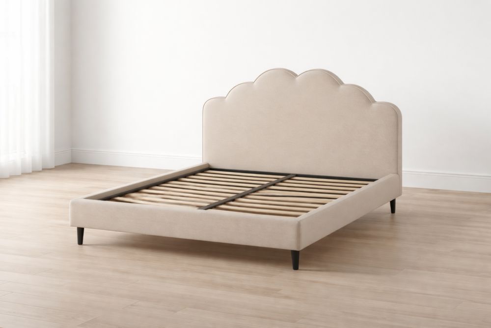 Lit à cadre bois avec tête de lit ondulée 160x200×110 cm Beige