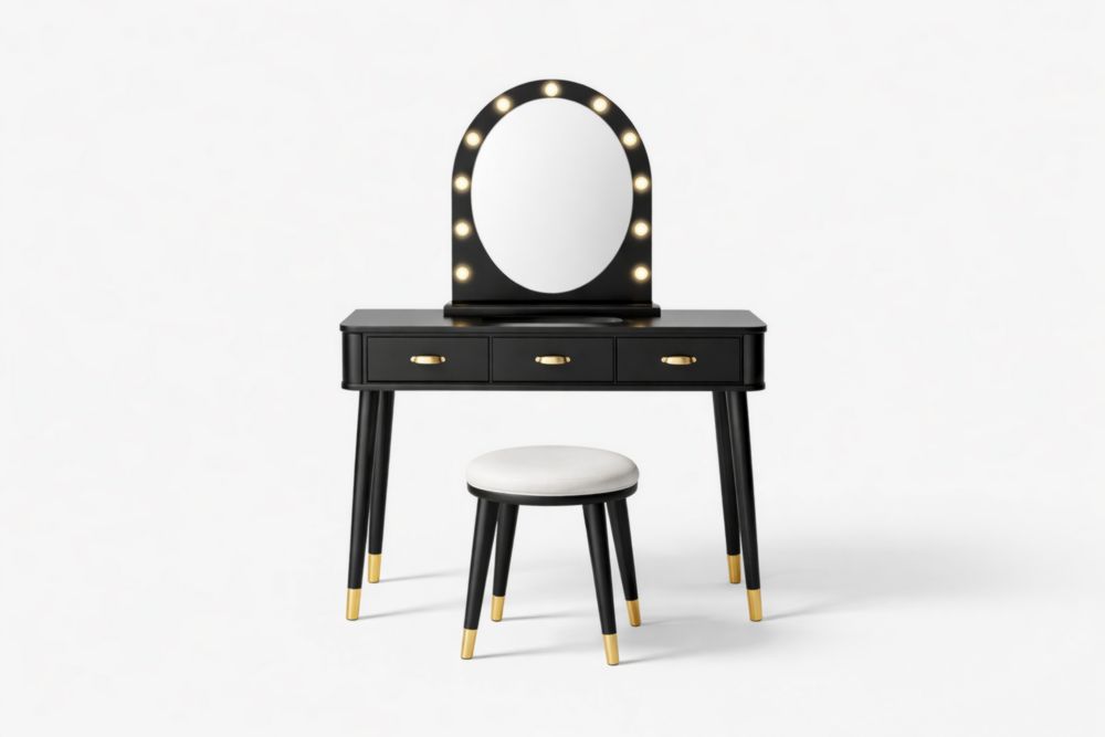 Coiffeuse en bois noir avec miroir LED et tabouret