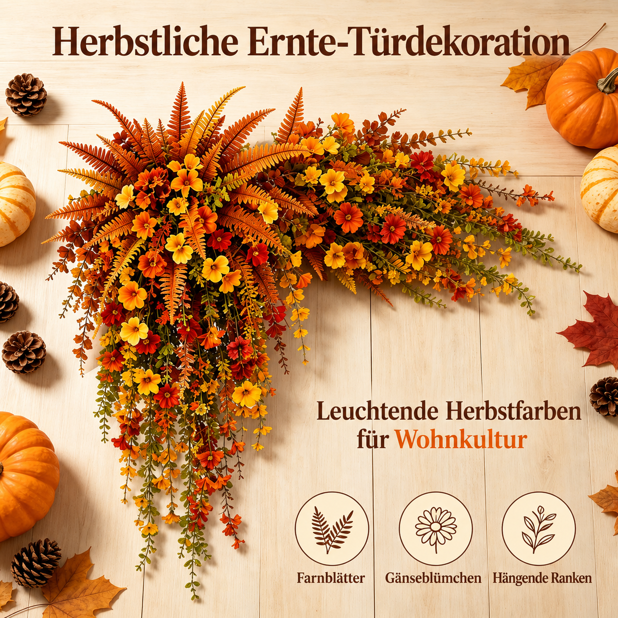 🍂 Künstlicher Herbst-Hängekorb – Herbstdekoration für Veranda & Haustür