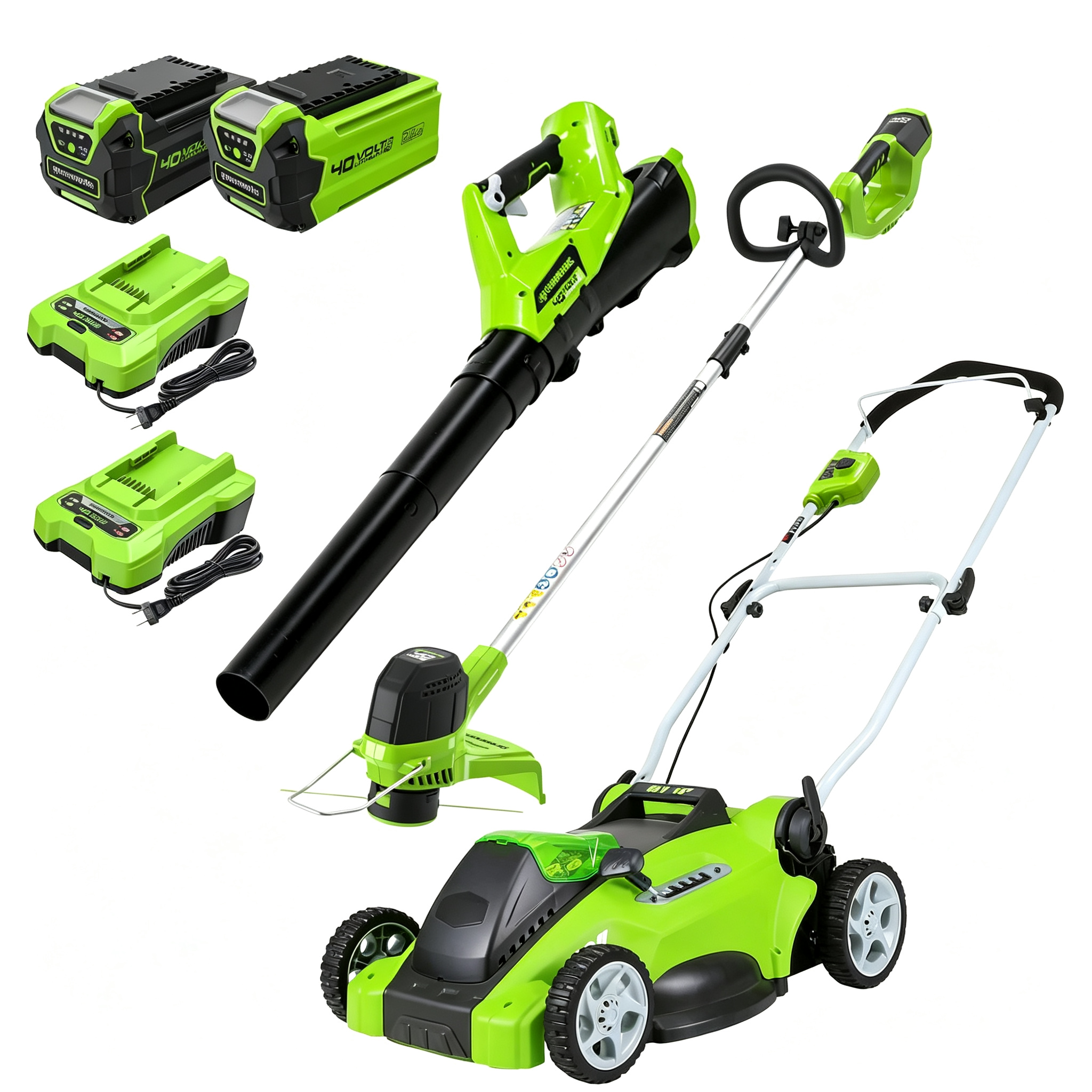 40V 16" (Push) Cordless Lawn Mower (1/3 Acre) + 12" String Trimmer + Leaf Blower, 4.0Ah + 2.0Ah Batteries and (2) Chargers Included