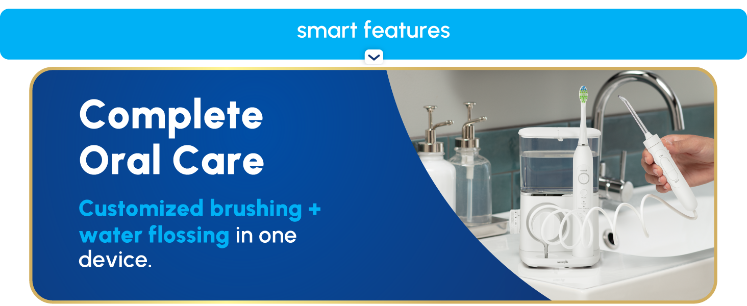 Image of Waterpik flosser and reservoir with text reading complete oral care.