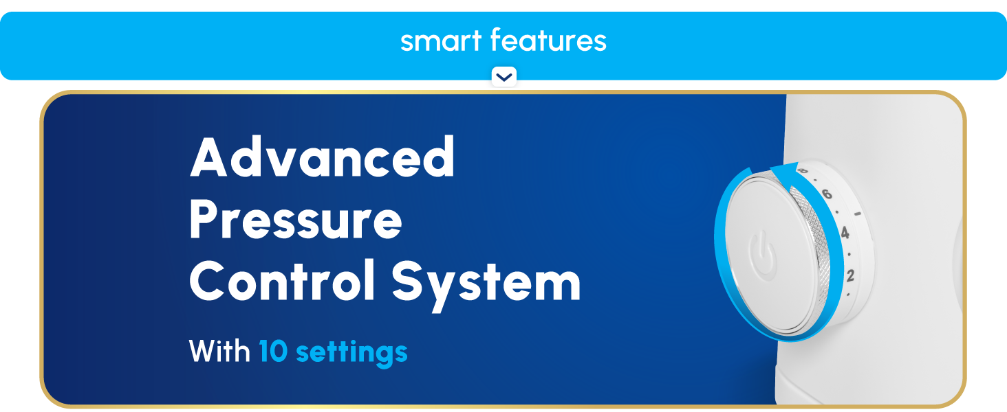 Image of Waterpik floss machine settings dial with text reading advanced pressure control system.