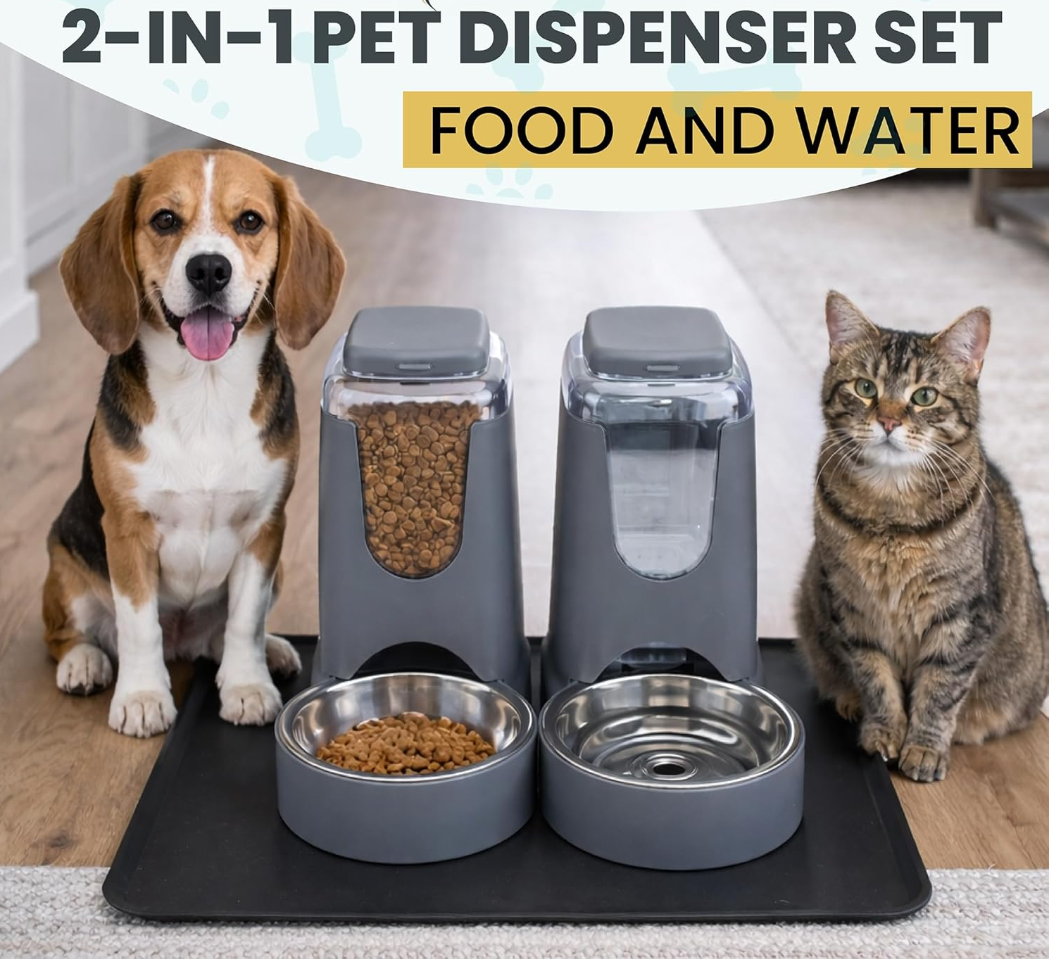 Automatic Cat Feeder 2.8L/4L Water Dispenser Set w/Tray Mat, Gravity Pet Feeder, Large Capacity Non-Spill Cat Water & Food Stainless Steel Bowls, Water Dispenser for Feeding Cats & Dog