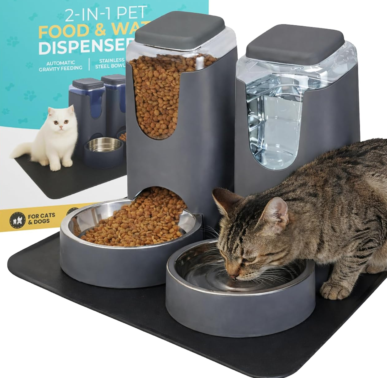 Automatic Cat Feeder 2.8L/4L Water Dispenser Set w/Tray Mat, Gravity Pet Feeder, Large Capacity Non-Spill Cat Water & Food Stainless Steel Bowls, Water Dispenser for Feeding Cats & Dog