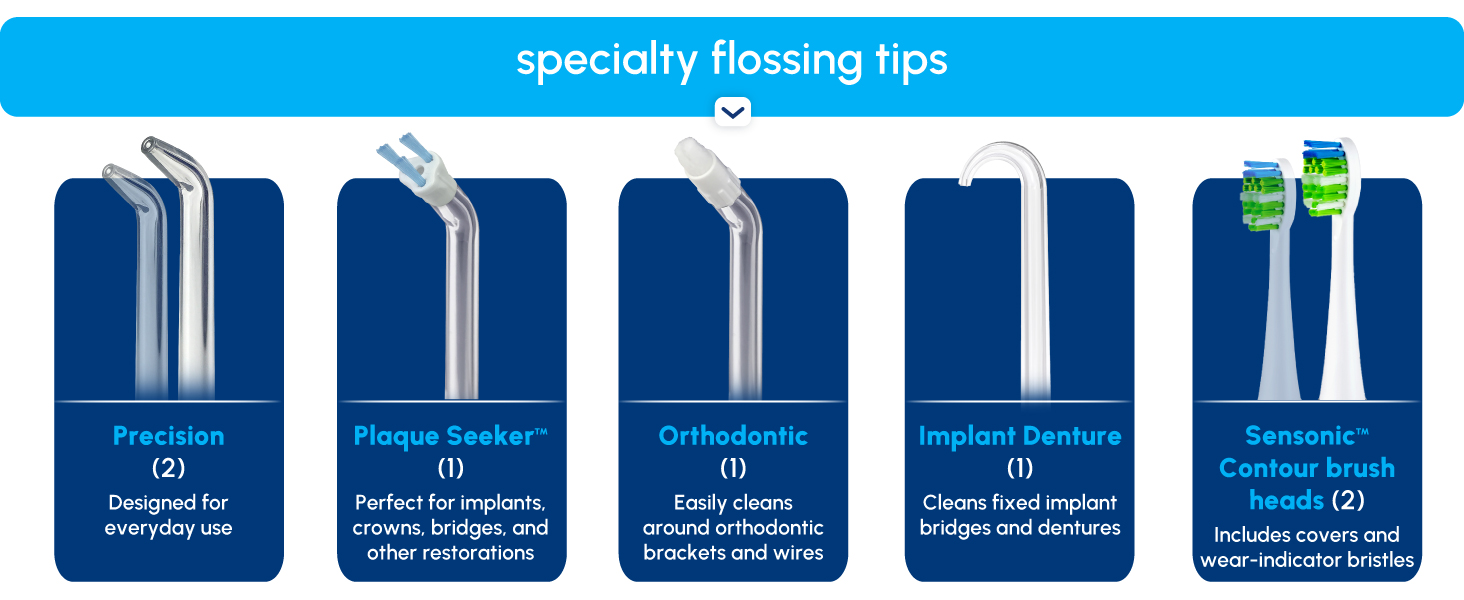Image of Waterpik tips with text reading specialty flossing tips.