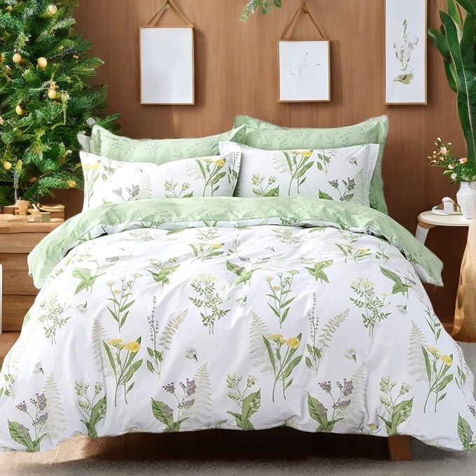 FADFAY Shabby Duvet Cover Sheet Set 7-Pieces Daisy and Lavender Floral Printed 100% Cotton Bedding,(1 Duvet Cover,1 Fitted Sheet,1 Flat Sheet,2 Standard+2 King Pillowcases) Queen Size