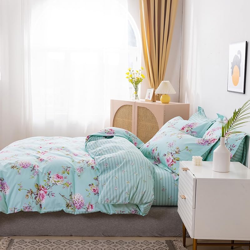 FADFAY Shabby Duvet Cover Sheet Set 7-Pieces Daisy and Lavender Floral Printed 100% Cotton Bedding,(1 Duvet Cover,1 Fitted Sheet,1 Flat Sheet,2 Standard+2 King Pillowcases) Queen Size