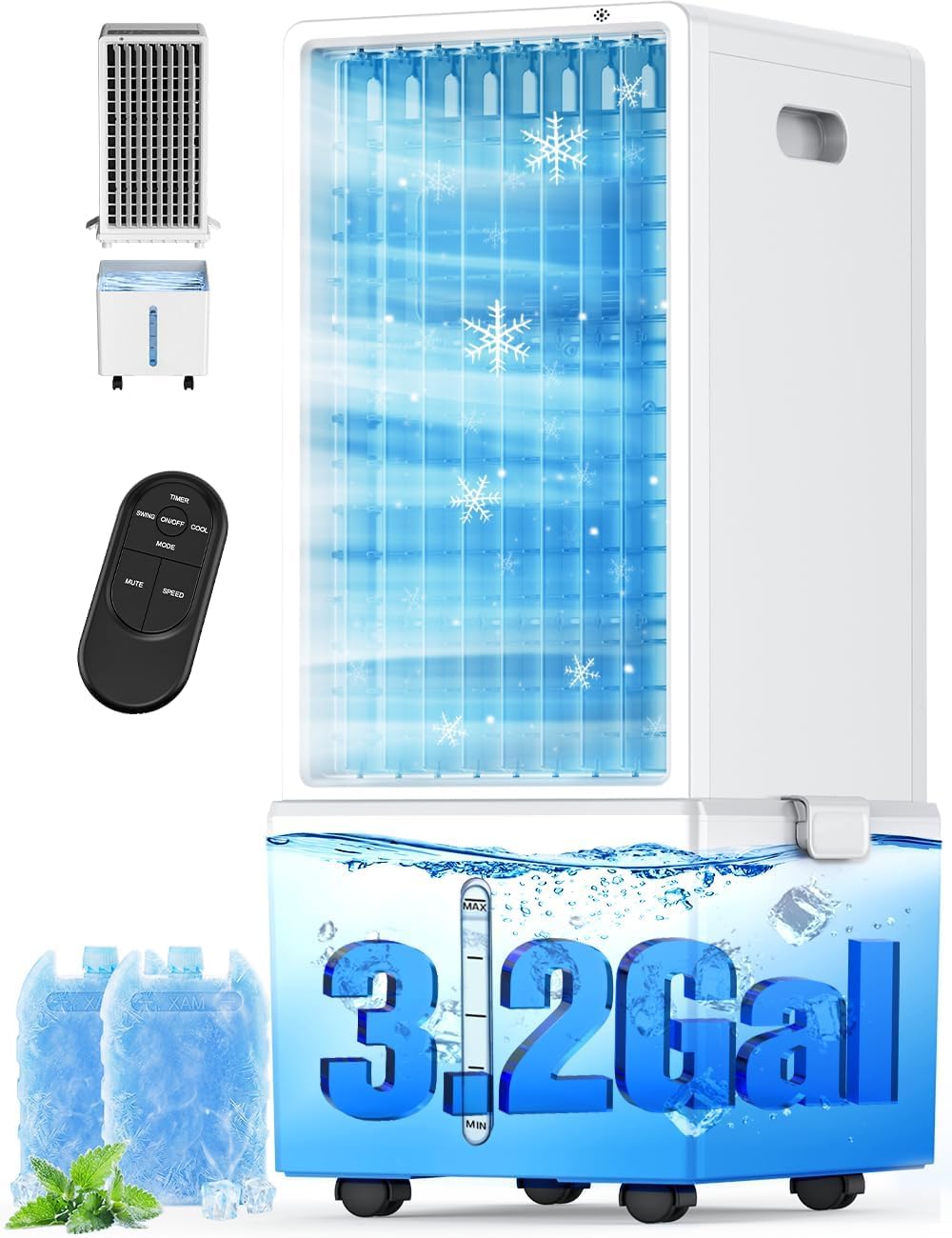 42 INCH Swamp Cooler Air Conditioner w/ 4 Modes & 3 Speeds, Aroma&Memory Function Evaporative Air Cooler, 4.2L Dual Tank, 15H Timer, 6 Ice Packs Portable Windowless Air Conditioner for Bedroom