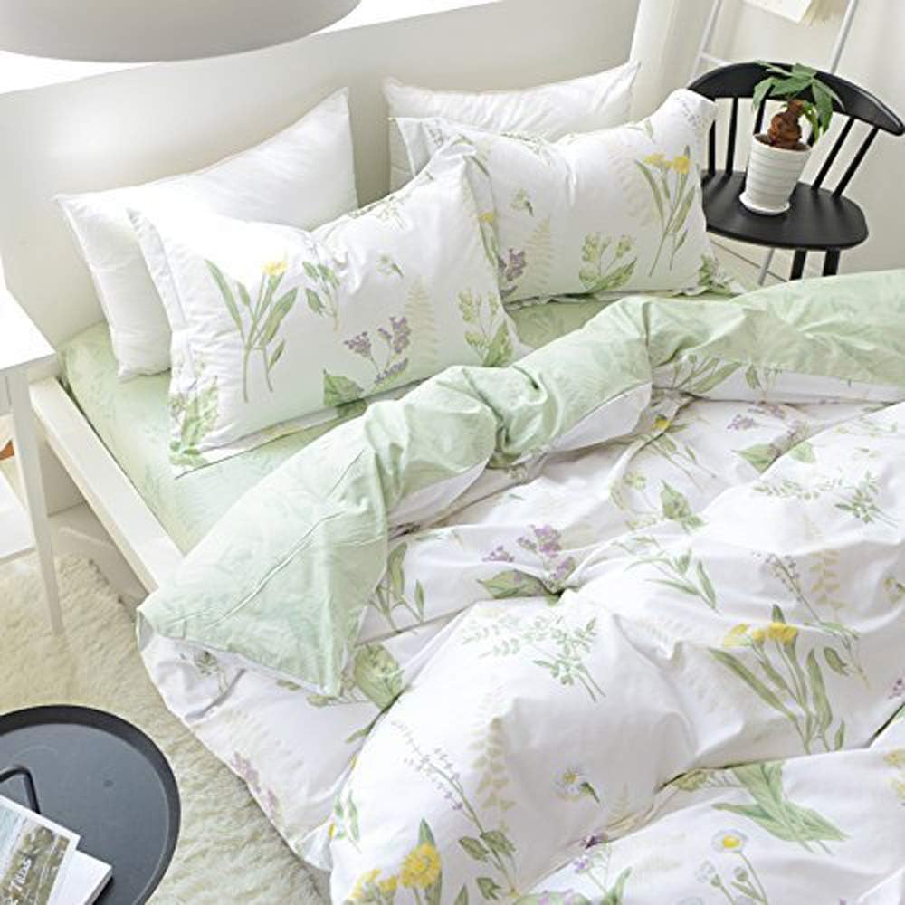 FADFAY Shabby Duvet Cover Sheet Set 7-Pieces Daisy and Lavender Floral Printed 100% Cotton Bedding,(1 Duvet Cover,1 Fitted Sheet,1 Flat Sheet,2 Standard+2 King Pillowcases) Queen Size