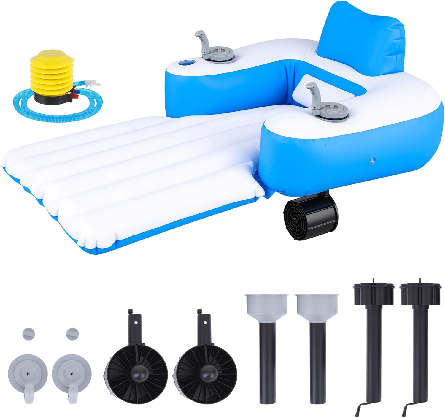 Motorized Pool Float for Adults, Inflatable Pool Lounger with Built in Dual Motor, Cup Holders, Backrest, Foot Pump for Lake, Beach, Summer Party